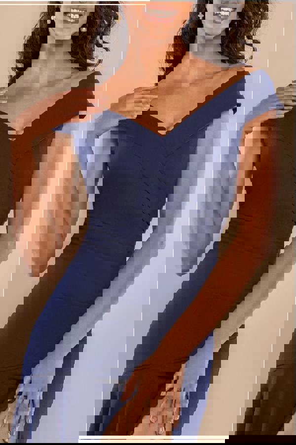 Scuba Crepe Off Shoulder Front Split Maxi Dress - Navy Blue DR2930SC