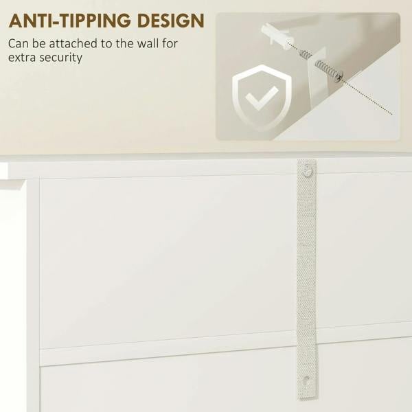White bathroom cabinet with anti-tipping strap at the base for extra stability