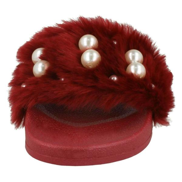 Spot On Ladies Spot On Pearl Trim Faux Fur Slider Style Sandals