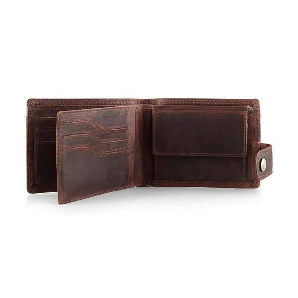 Open view of Brown leather wallet open on a white background
