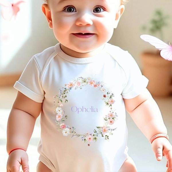 Personalised Wild Flower Baby Grow, Vest or Bib with Name