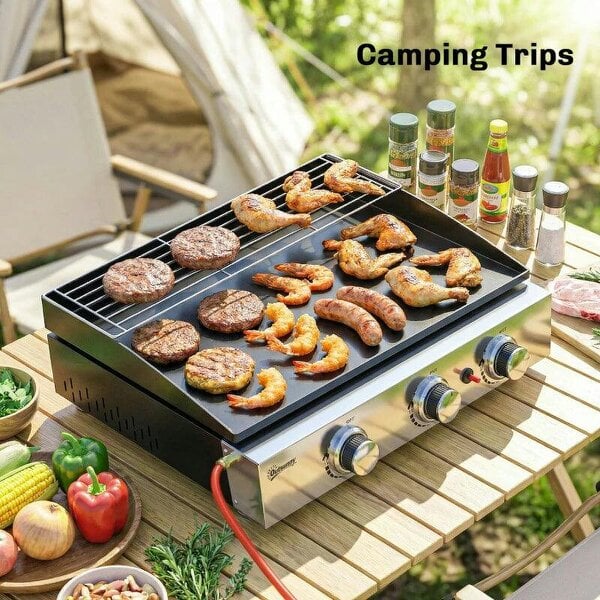 Bobobiy 3 Burner Grill Griddle, Portable Gas Plancha with Warming Rack, 7.5 kW, Tabletop Gas BBQ with Grease Cup, Black