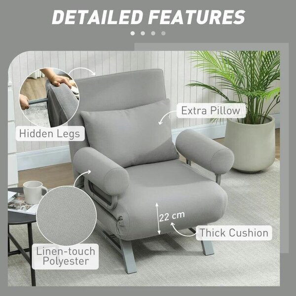 Single Sofa Bed, 3-in-1 Convertible Folding Chair Bed with Adjustable Backrest, Removable Armrests, Light Grey