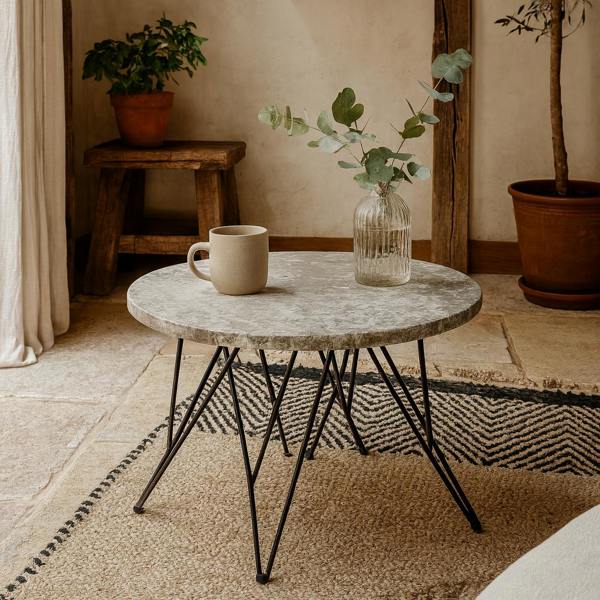 Wyld Haus Toulouse Grey Marble Effect Side Table Black Steel Base