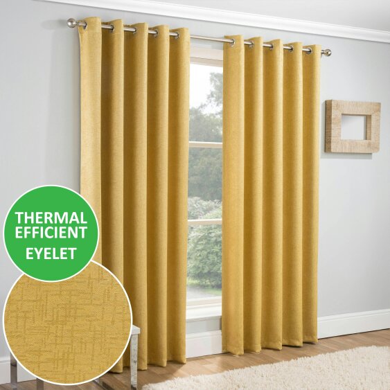 Enhanced Living Vogue Plain Textured Thermal Room Darkening Energy Saving Pair of Curtains For Bedroom & Living Room - Ochre
