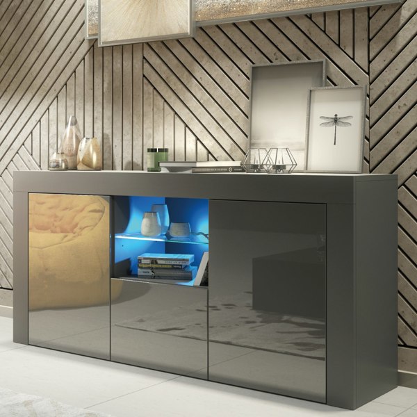 Mex Furniture Modern 145cm TV Unit, Cabinet Stand & Sideboard with Grey Gloss Doors & Free LED