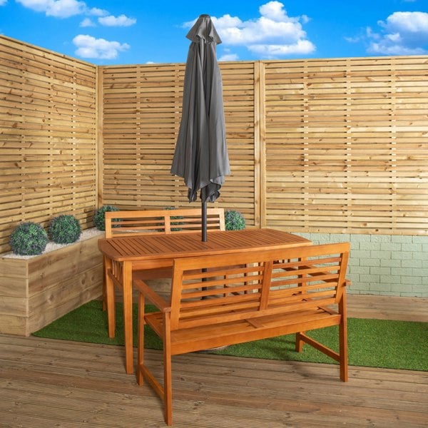 Samuel Alexander Outdoor 4 Person Rectangular Wooden Garden Table, 2 Benches with Grey Havana Parasol & Base