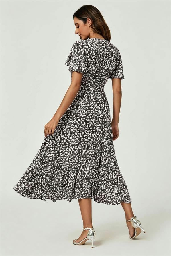 FS Collection Floral Print Midi Wrap Dress In Black