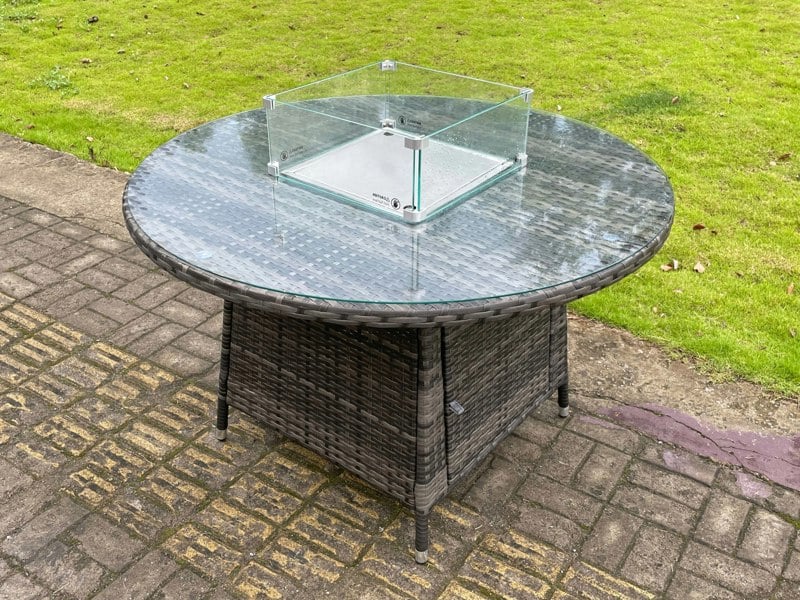Fimous Outdoor PE Rattan Garden Furniture Set Gas Fire Pit Round Table Sets Gas Heater with 4 Seater Dining Cahirs Dark Grey Mixed