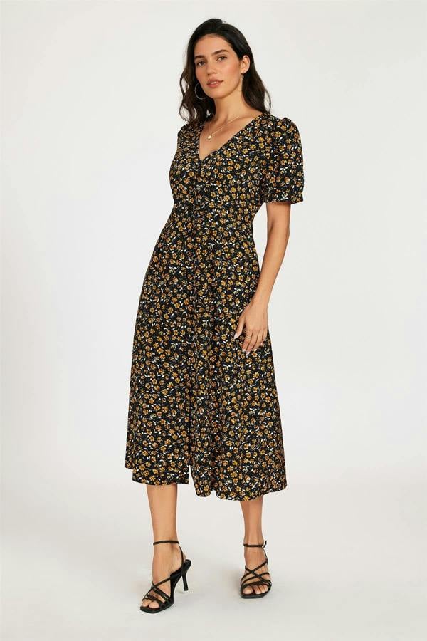FS Collection Floral Print Button Front Puff Sleeve Midi Dress In Black