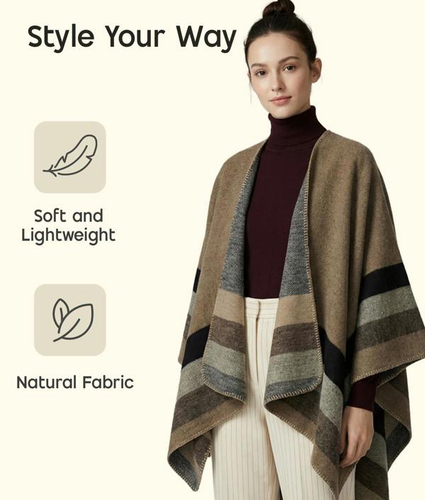 VIA MONTEN Women’s Vintage Plaid Poncho Shawl, Colour Block Knit Cape Wrap for Fall and Winter Layering
