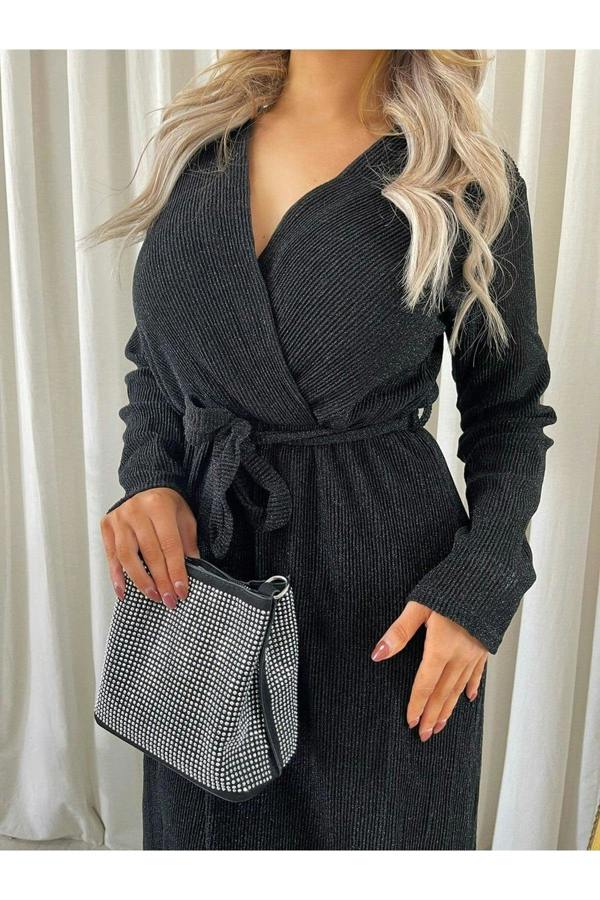 Pamela Elegant V Neck Tie Waist Glittery Maxi Dress - Black