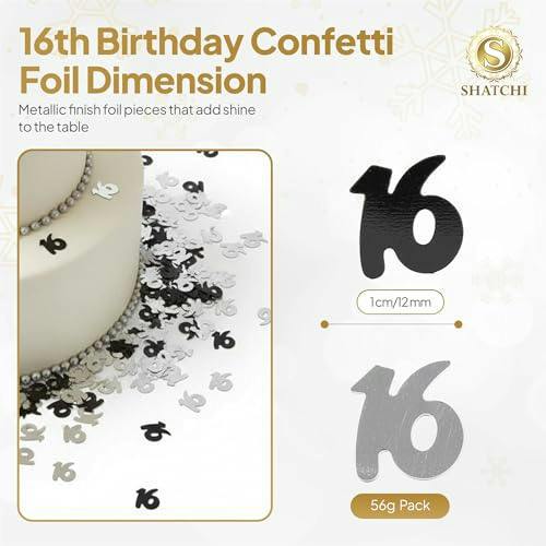 16th Birthday Black and Silver Metallic Confetti Table Decoration Pack, Available in 1, 2 or 4 Packs image 1