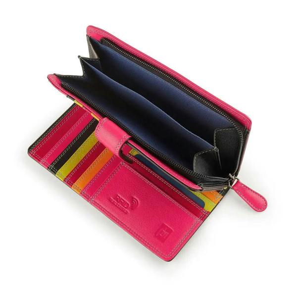Black bifold purse with colorful interior on a white background