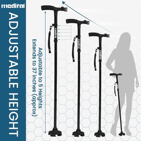 MEDITAL Folding Walking Stick with LED Light 84.5 - 94.5cm Adjustable Walking Cane - Foldable Walking Stick with Extra Wide Pivoting Base