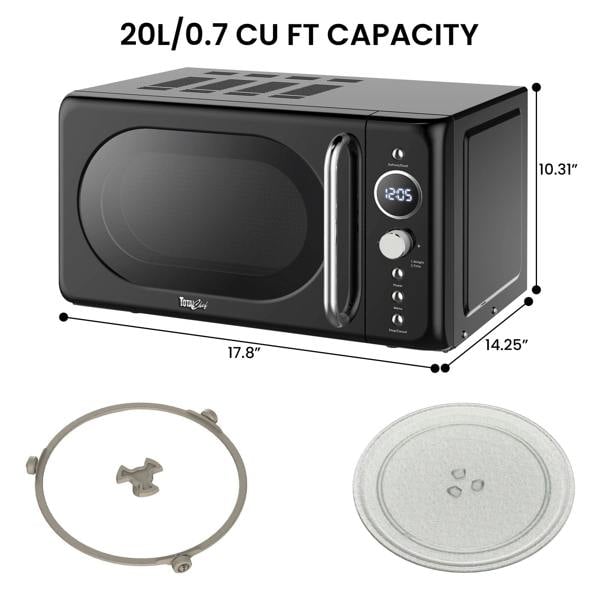 Total Chef Retro Microwave Oven 20L 700W Black Countertop Microwave with Timer, Defrost & 5 Power Levels
