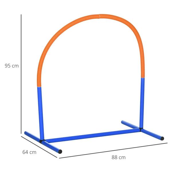 Single orange-and-blue agility bow hurdle with base and arch, size diagram