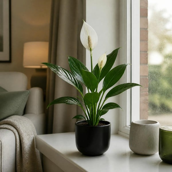 Peace Lily Plant 12cm - Air Purifying Houseplant Elegant Indoor Plant with White Flowers - Matt Black Ceramic Pot - 1