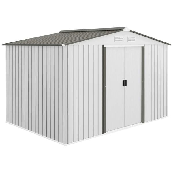 Silver metal bike storage shed with double doors, gable roof, and side vents