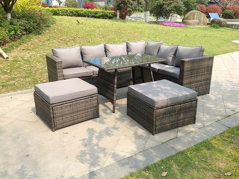 Fimous 8 Seater Grey Rattan Corner Sofa Set Dining Table 2 Big Footstool Garden Furniture Outdoor With Clear Tempered Glass