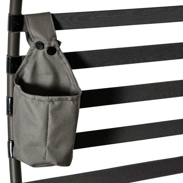 Side pocket attached to egg chair frame in dark gray fabric