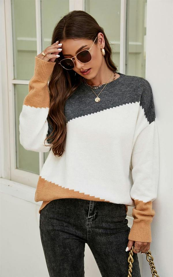 FS Collection Grey & Camel Block Colour Jumper Top In Beige