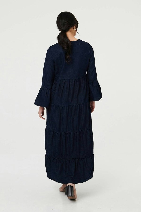 Blue | Tiered Long Sleeve Relaxed Maxi Dress
