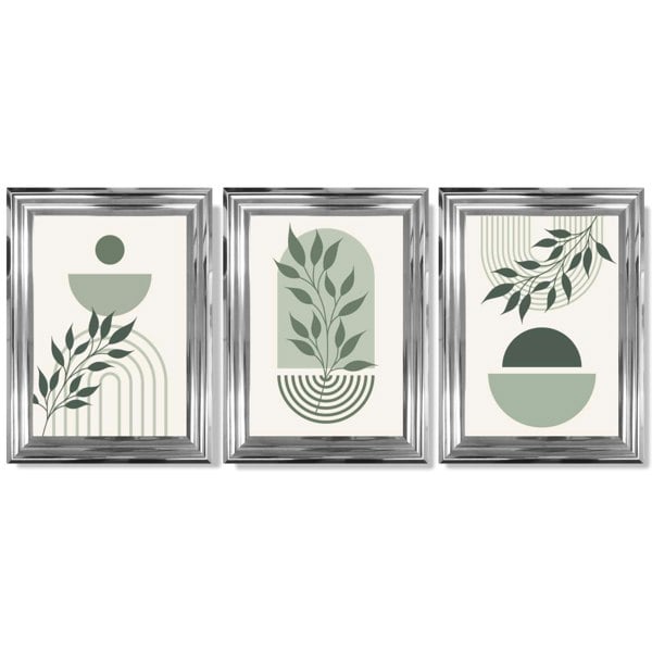 Set of 3 Boho Green and Beige Floral Framed Art Prints with Glossy Chrome Frames