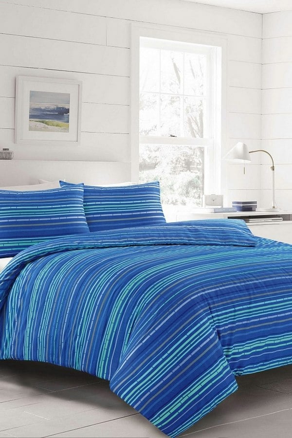 HomeSpace Direct Leon Blue Stripe Duvet Cover Set Modern Bedding