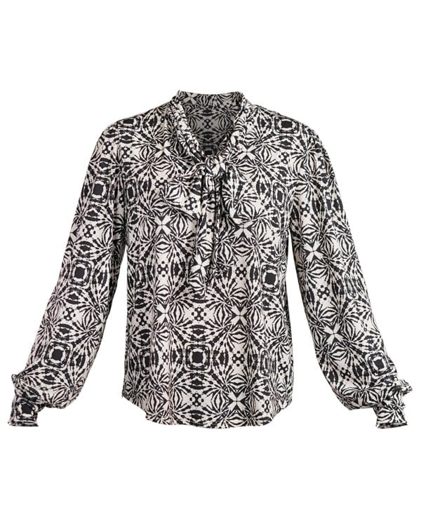 Antonia York Black & Cream Bow Blouse | Zoe Geometric Print Soft Jersey Blouse