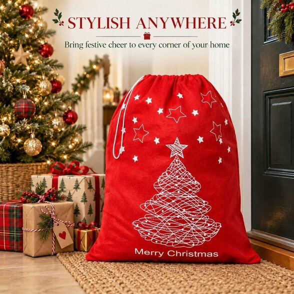Shatchi 60cm x 45cm Red Merry Christmas Santa Sack with Festive Print for Gifts and Dressing Up