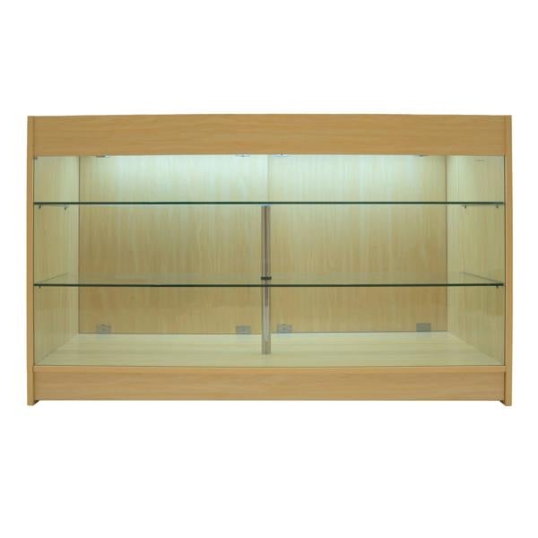Maple LED shop counter set featuring a sleek design, glass shelves, and soft lighting, ideal for displaying products elegantly