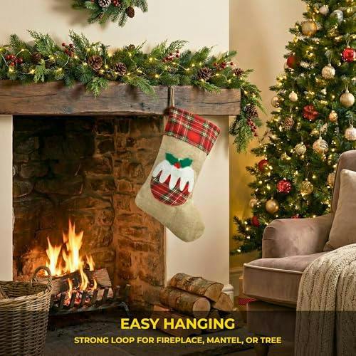 Large Christmas Stocking 45cm Brown Hessian Pudding Print Hanging Sack Sock image 7