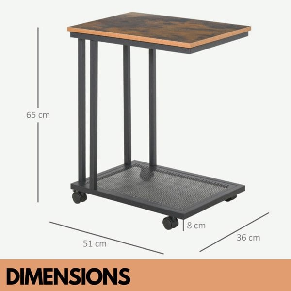 Rafaelo Mobilia Industrial C Shaped Side Table With Mesh Shelf & Wheels