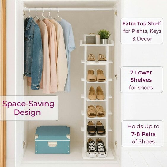 Neo White 7 Tier Wooden Shoe Rack Slim Narrow Storage Cabinet Space-Saving Entryway Bedroom Wardrobe