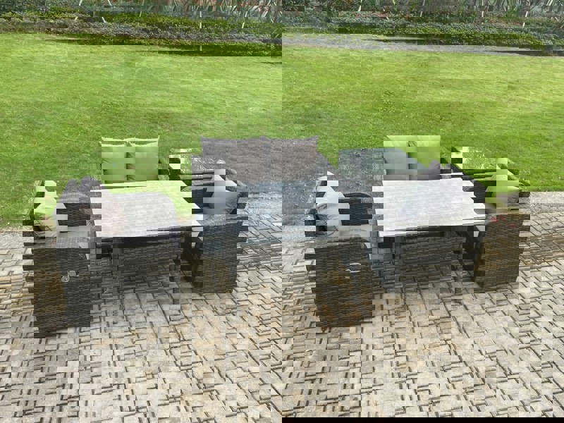 Fimous Outdoor Rattan Garden Furniture Lounge Sofa Set With Oblong Rectangular Dining Table 2 PC Reclining Chair Side Table