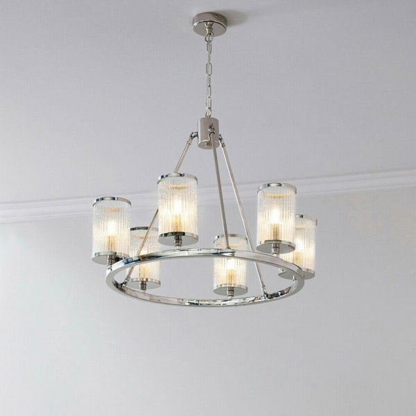6 Light Chandelier Pendant Nickel Ribbed Glass Shade Hanging Ceiling Lamp Holder Loops