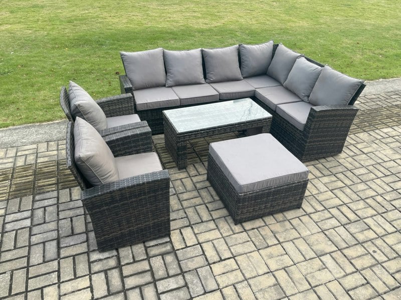 Fimous Rattan Corner Sofa Garden Furniture Set with Big Footstool Rectangular Coffee Table 2 Armchairs with Cushion Dark Grey Mixed
