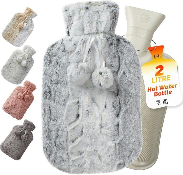 LKH HOME COLLECTION Hot Water Bottle with Cover UK 2L with Faux Fur Pom Poms For Period Pain Relief Leak Resistant BPA Free Hot Bottle