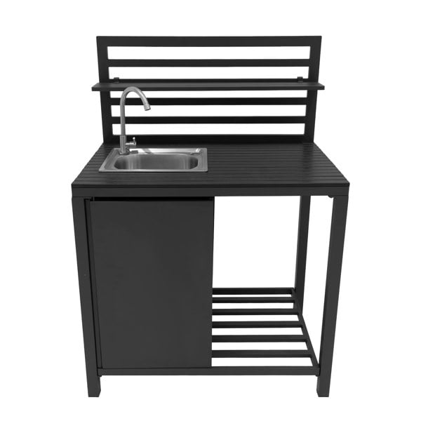 Aluminium outdoor kitchen set featuring a sleek black finish, a built-in sink, and slatted back for ventilation and style