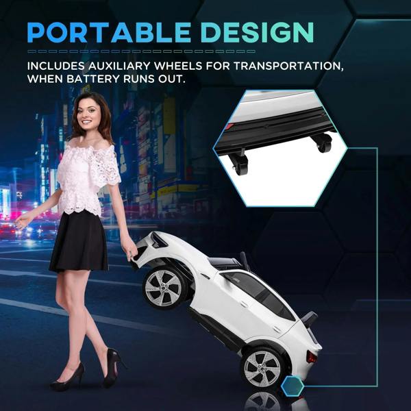 White kids electric ride-on car with auxiliary transport wheels shown beneath