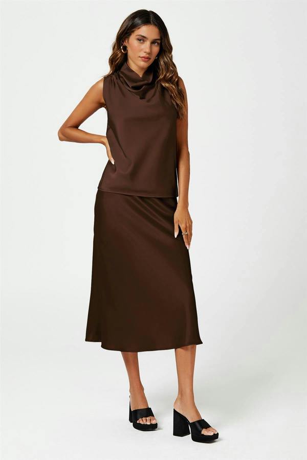 FS Collection Brown Satin Midi Skirt