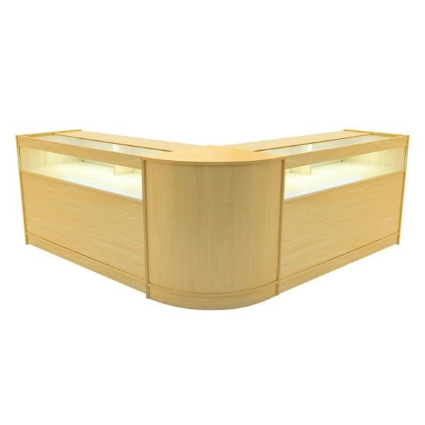 Maple Iris LED shop counter set featuring a sleek, modern design with two display sections and integrated lighting for visibility