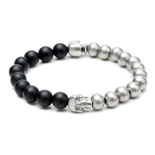 Skull Bead Stretch Bracelet for Men in Steel and Black Agates - namana.london