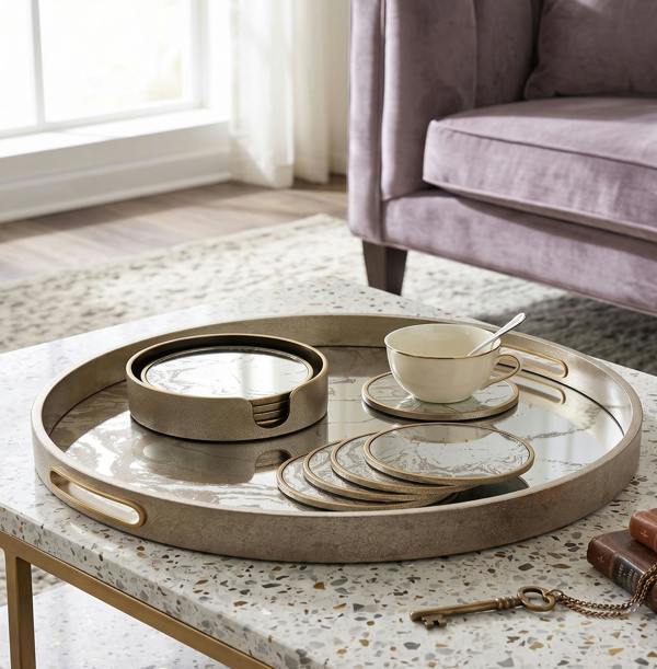 Maison des Cadeaux Marble Effect Round Serving Tray & Drink Coasters Set of 4 with Holder