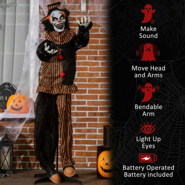 Circus clown animatronic with top hat, striped outfit, open arms