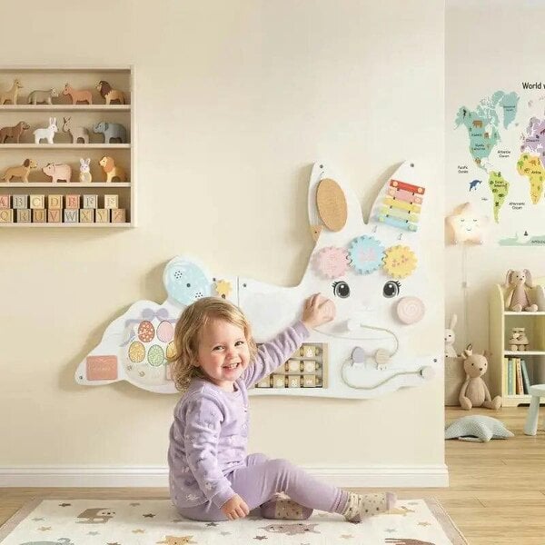 Bobobiy Easter Bunny Busy Board Panels, Montessori Wall-Mounted Toddler Learning Activity Centre for Living Room Kids Room White - White