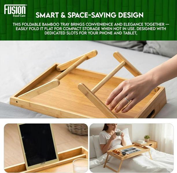 Fusion Food Care Bed Tray Table with Folding Legs – Organic Bamboo & MD Built-in Side Handles Lap Tray for Eating, Reading & Working
