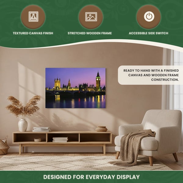 Houses of Parliament Canvas Picture Print with 8 LED Lights, 60 x 40 cm, Stretched Wooden Frame, Battery Powered