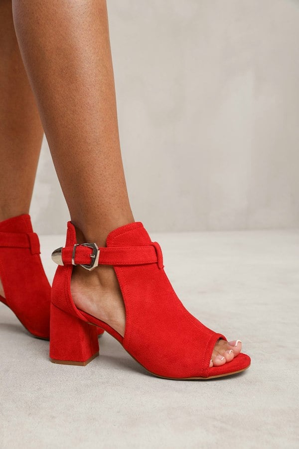 Where's That From Zaneen Block Heel With Side Buckle and Open Toe Front in Red Suede